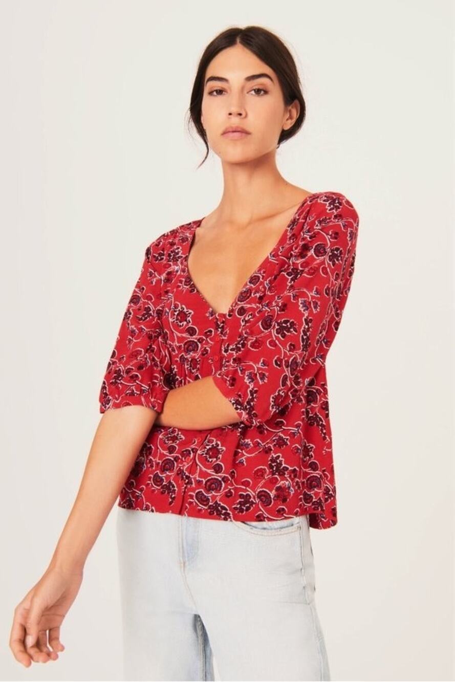 Ba&sh Joy Floral Button Up Shirt XS Red 3/4 Sleeve Western Boho Cottagecore